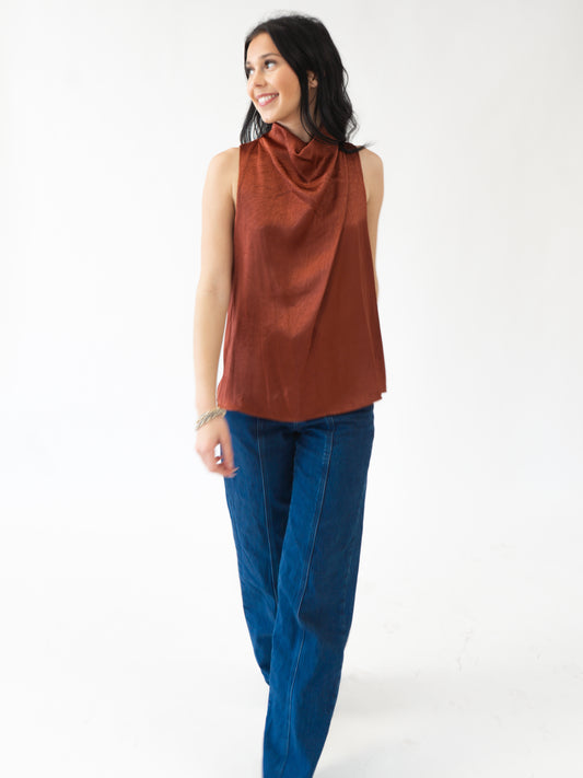Rust Satin Cowl Neck Top