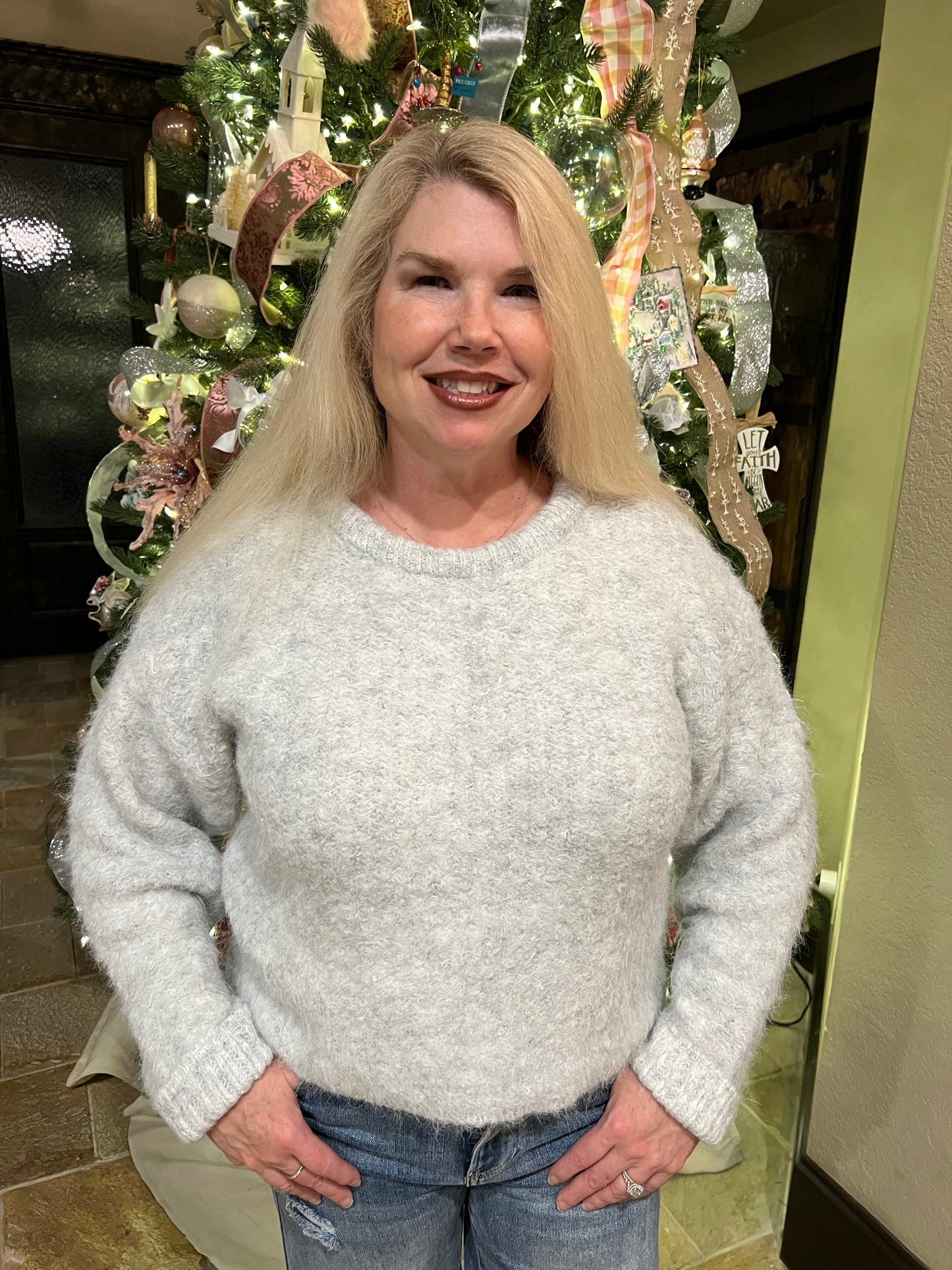 Heather Grey Tulle Bow Sweater
