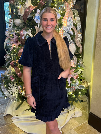 Navy Velvet Ruffle Dress