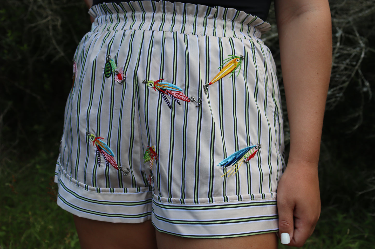 Queen of Sparkles Striped Fishing Lure Shorts