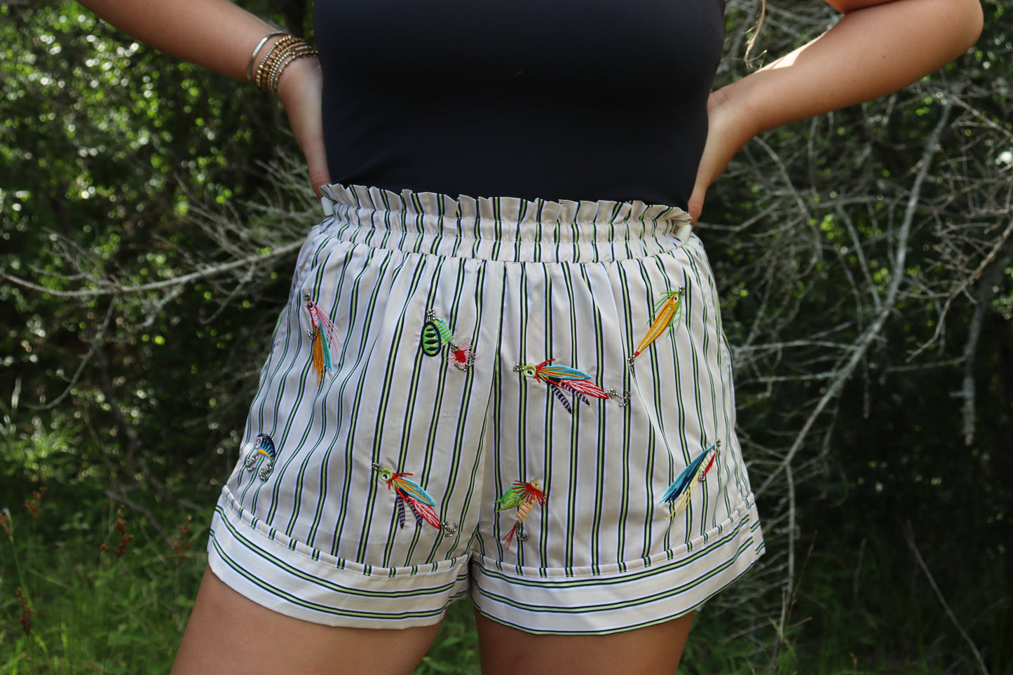 Queen of Sparkles Striped Fishing Lure Shorts