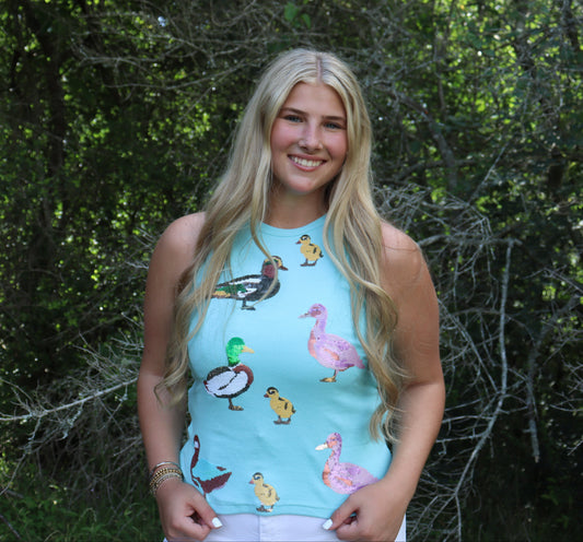 Queen of Sparkles Aqua Sequin Duck Tank Top