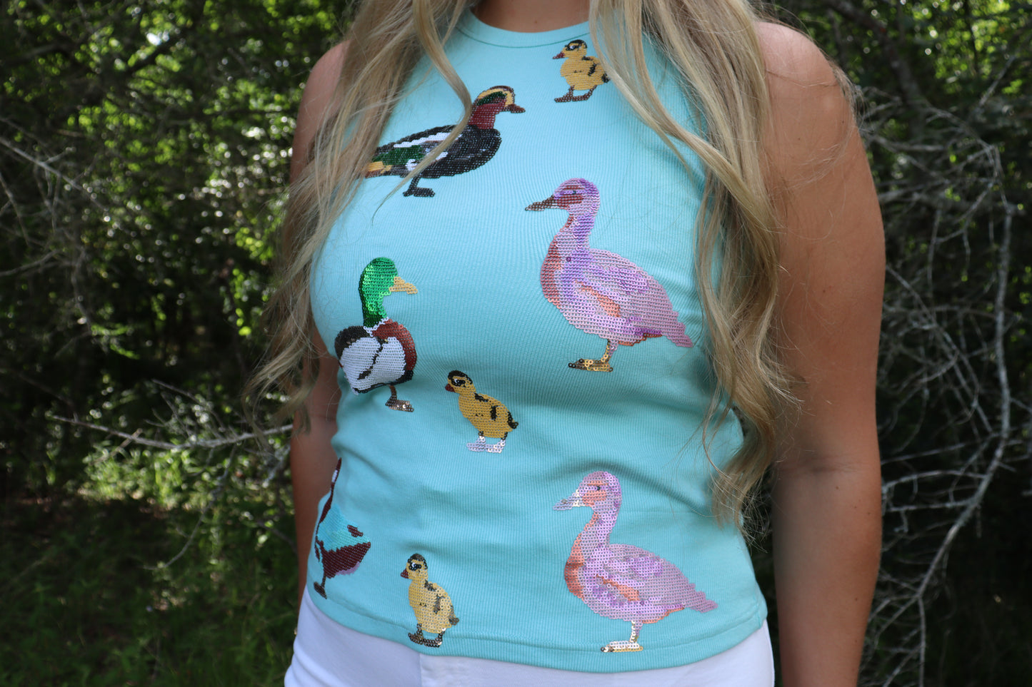 Queen of Sparkles Aqua Sequin Duck Tank Top
