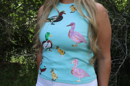 Queen of Sparkles Aqua Sequin Duck Tank Top
