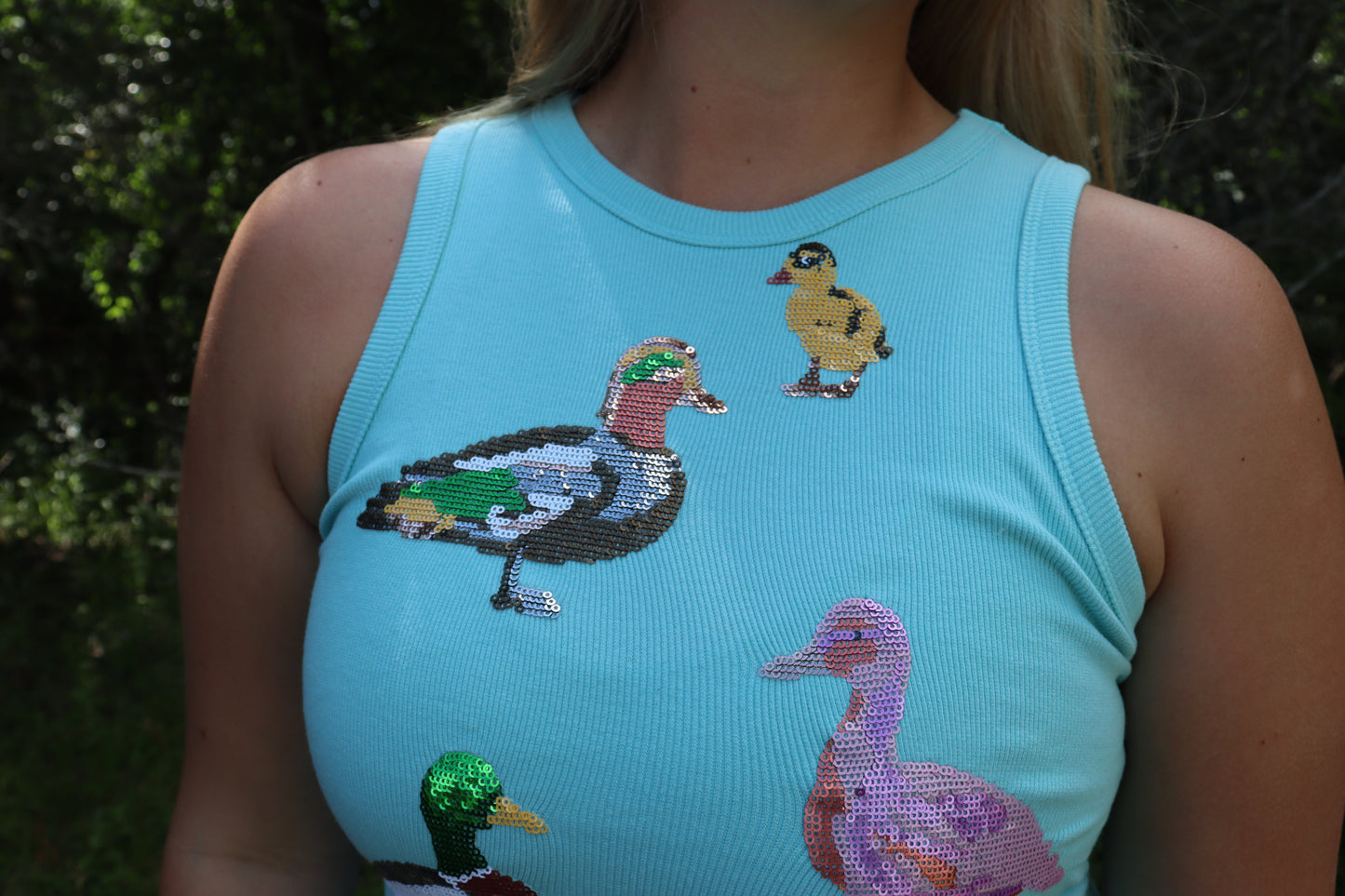 Queen of Sparkles Aqua Sequin Duck Tank Top