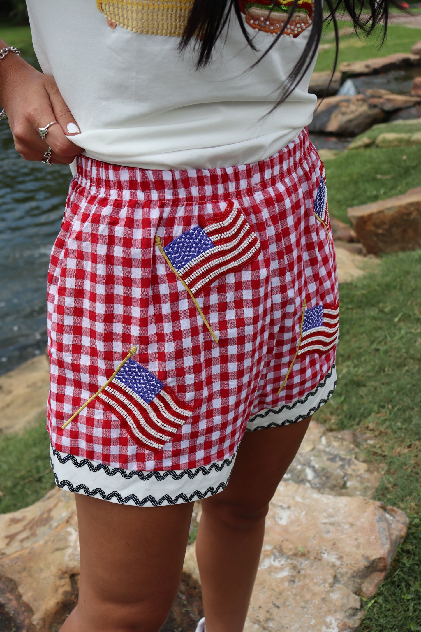 Queen of Sparkles Red & White Gingham American Flag Shorts