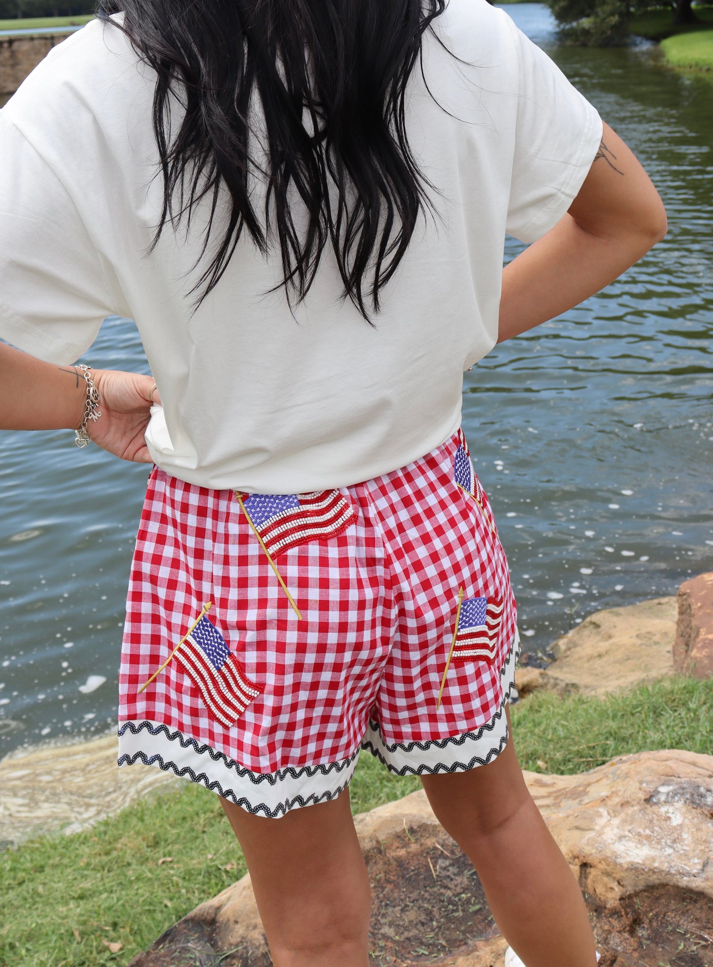 Queen of Sparkles Red & White Gingham American Flag Shorts