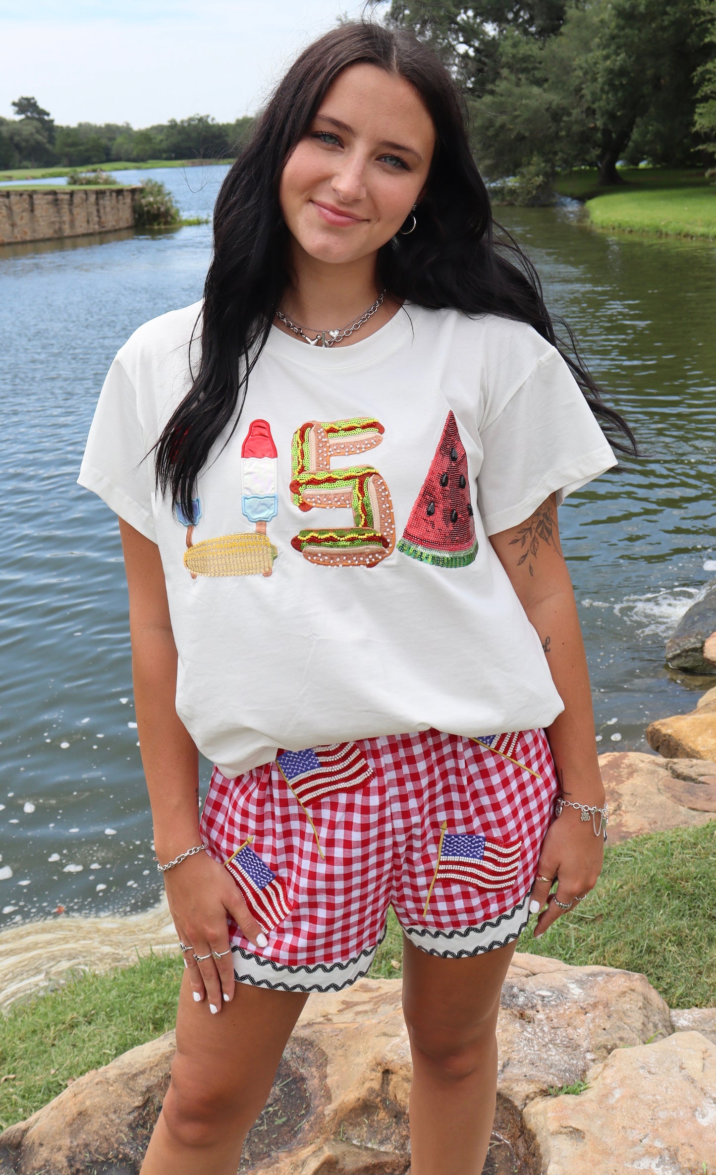 Queen of Sparkles Red & White Gingham American Flag Shorts