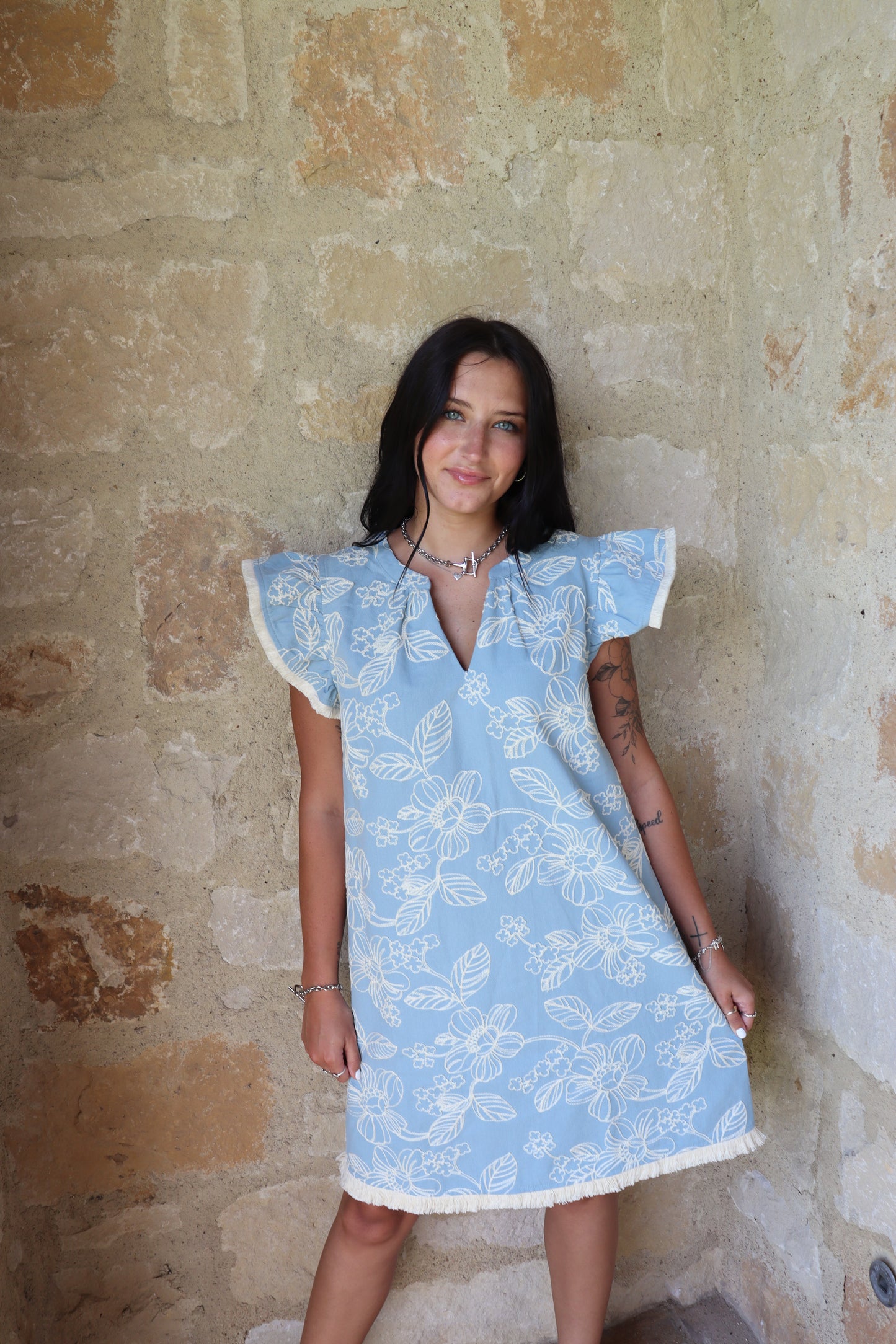 Blue Frayed Hem Dress