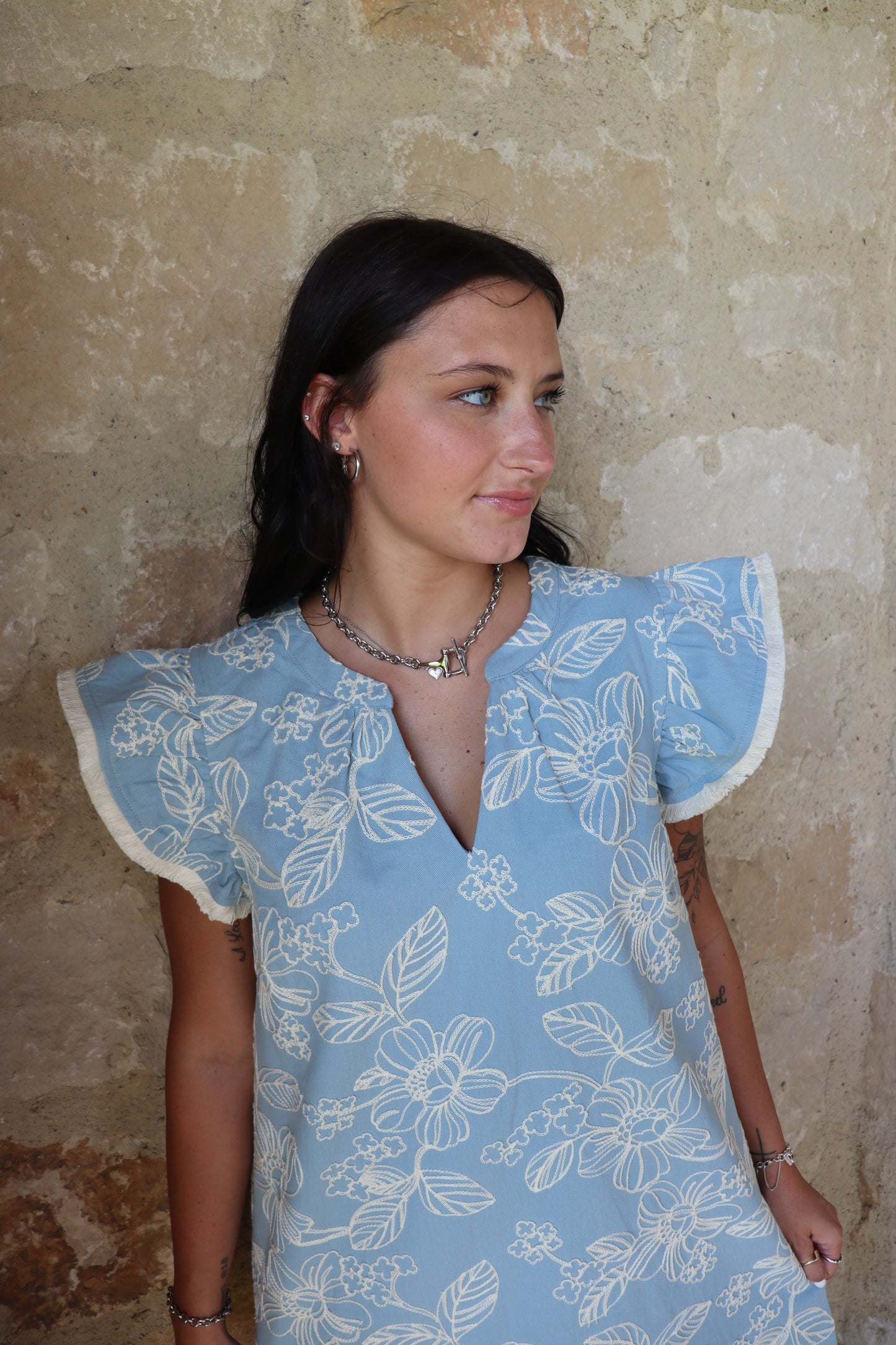 Blue Frayed Hem Dress