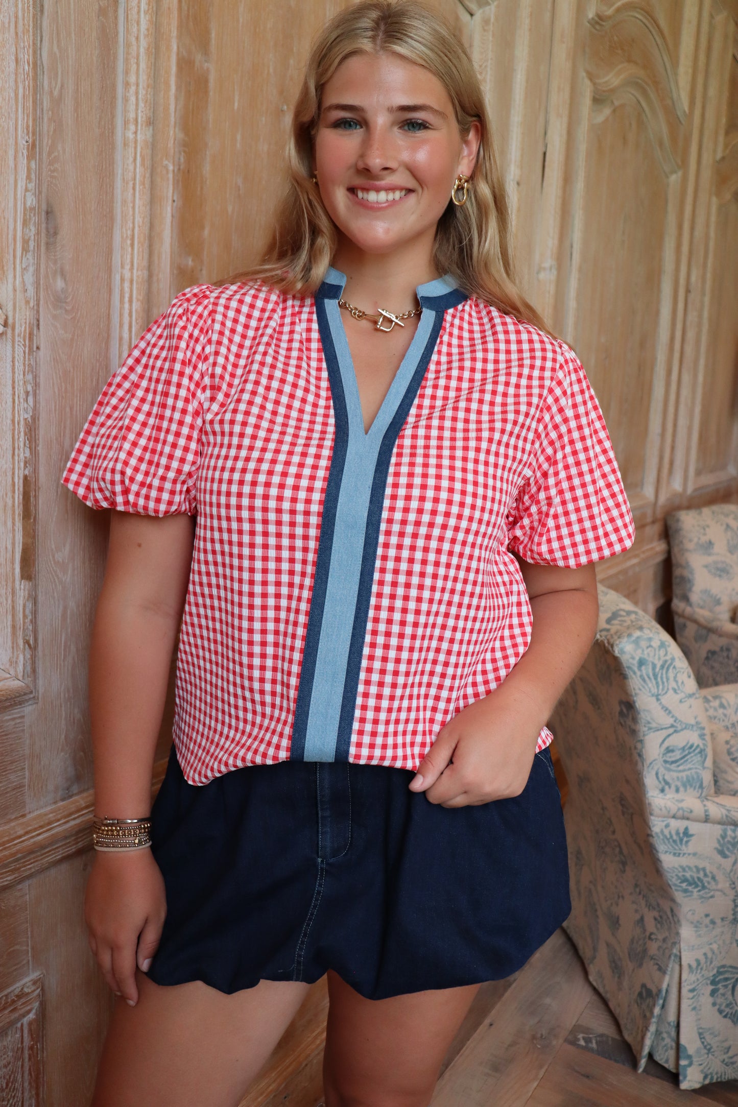 Red Gingham Denim Top