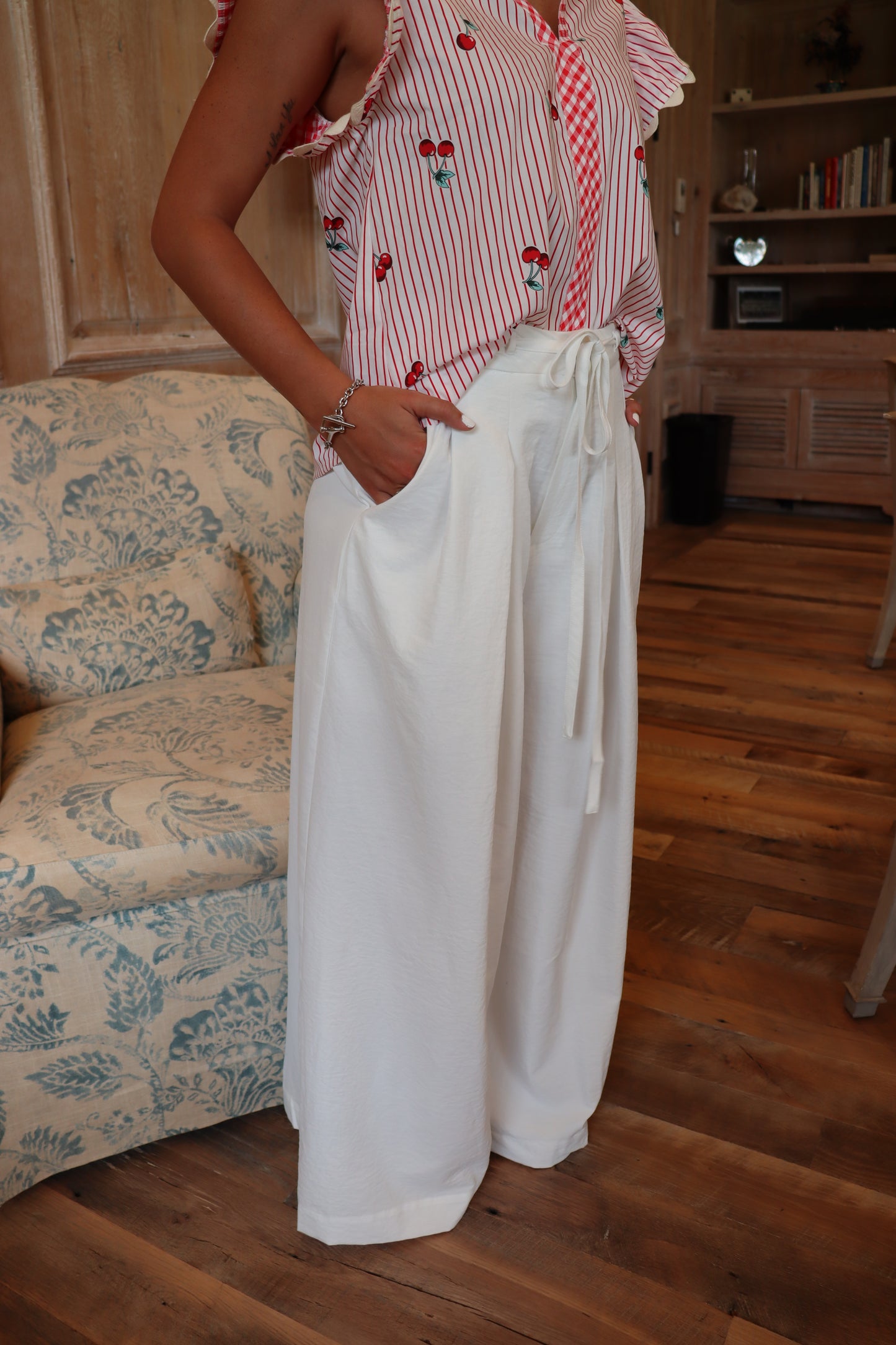 Pleated White Drawstring Pants