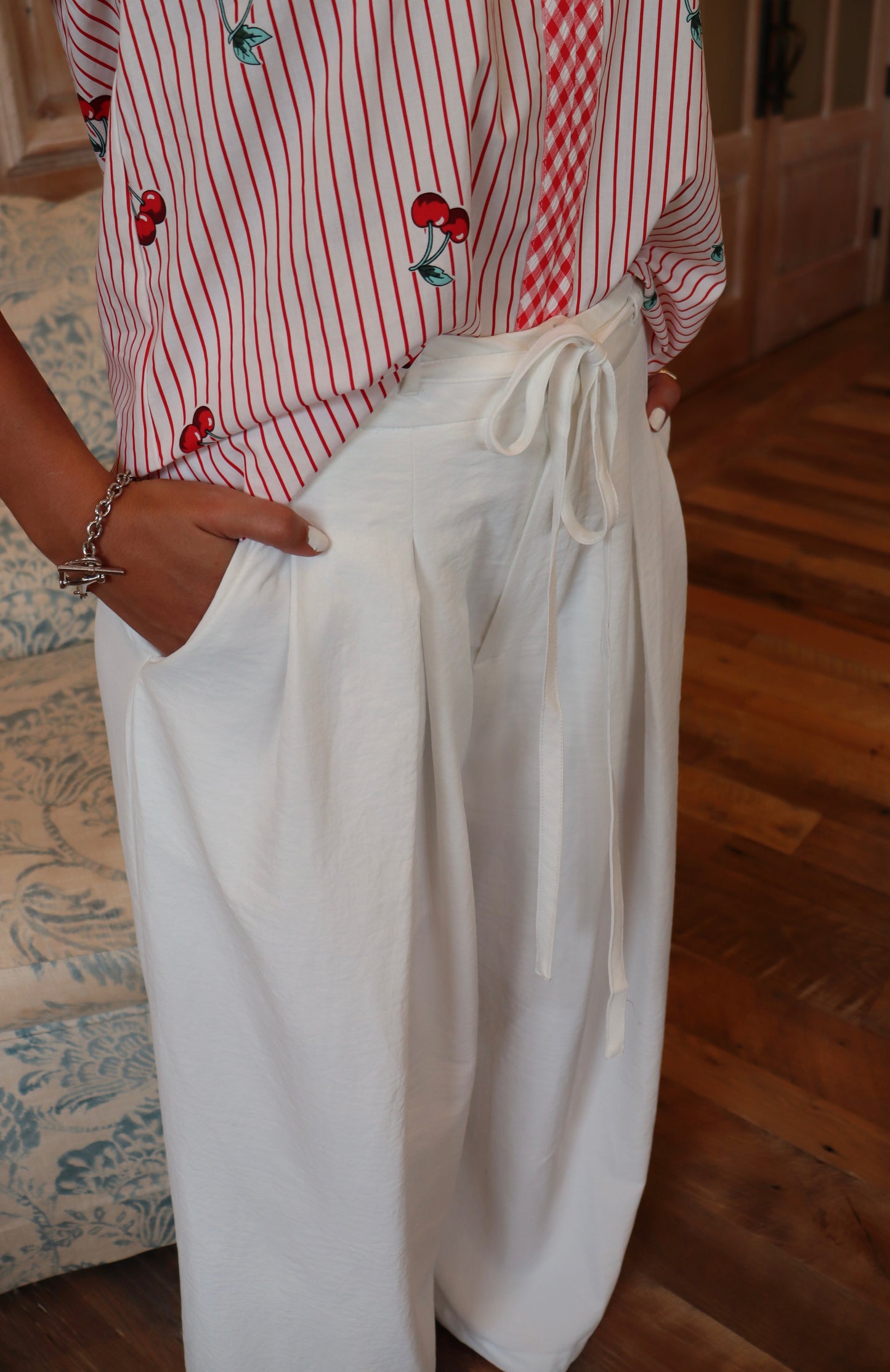 Pleated White Drawstring Pants