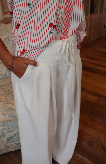 Pleated White Drawstring Pants