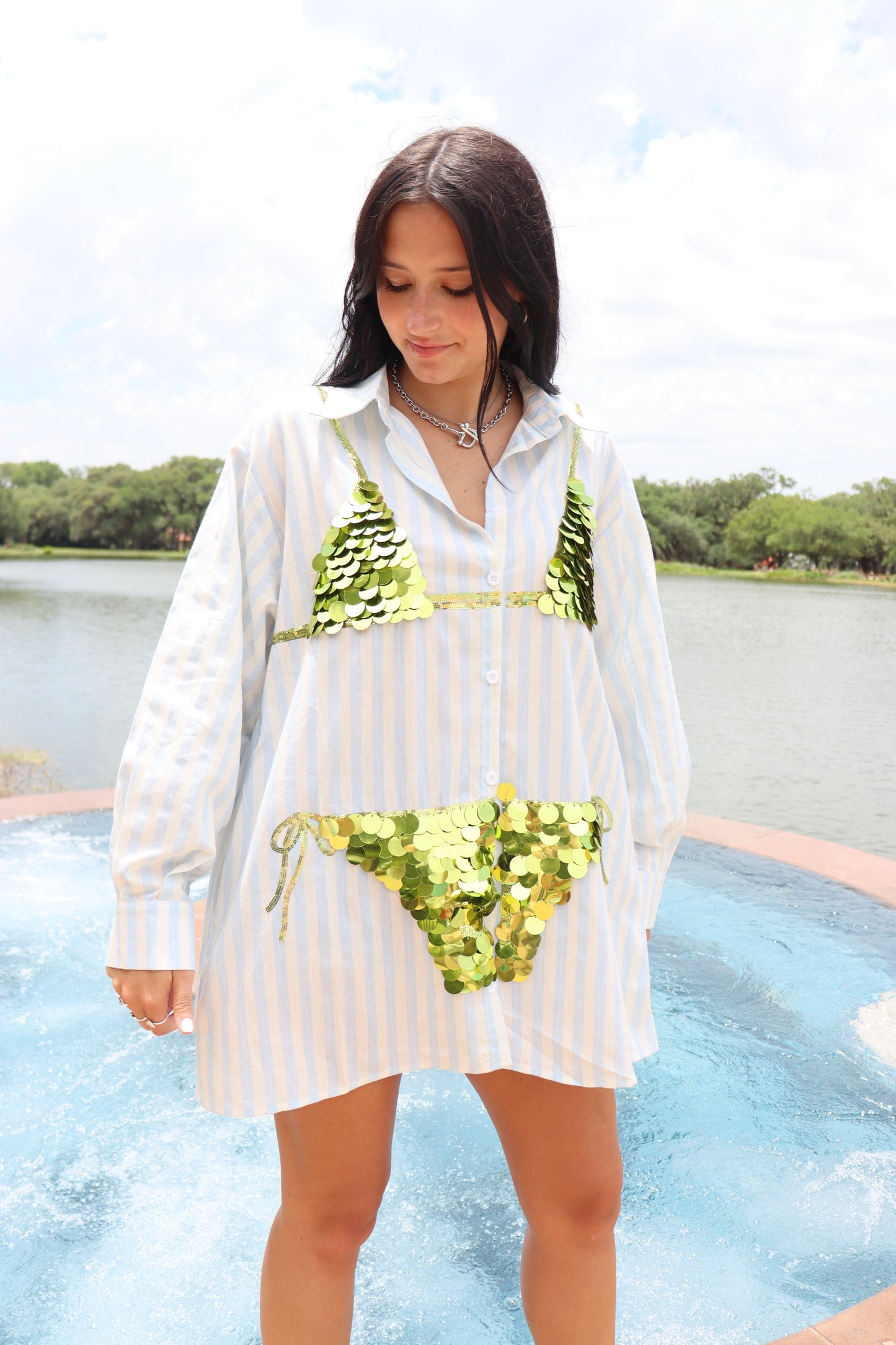 Queen of Sparkles Stripe Button Up Sequin Bikini Tunic