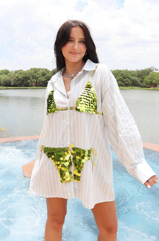 Queen of Sparkles Stripe Button Up Sequin Bikini Tunic
