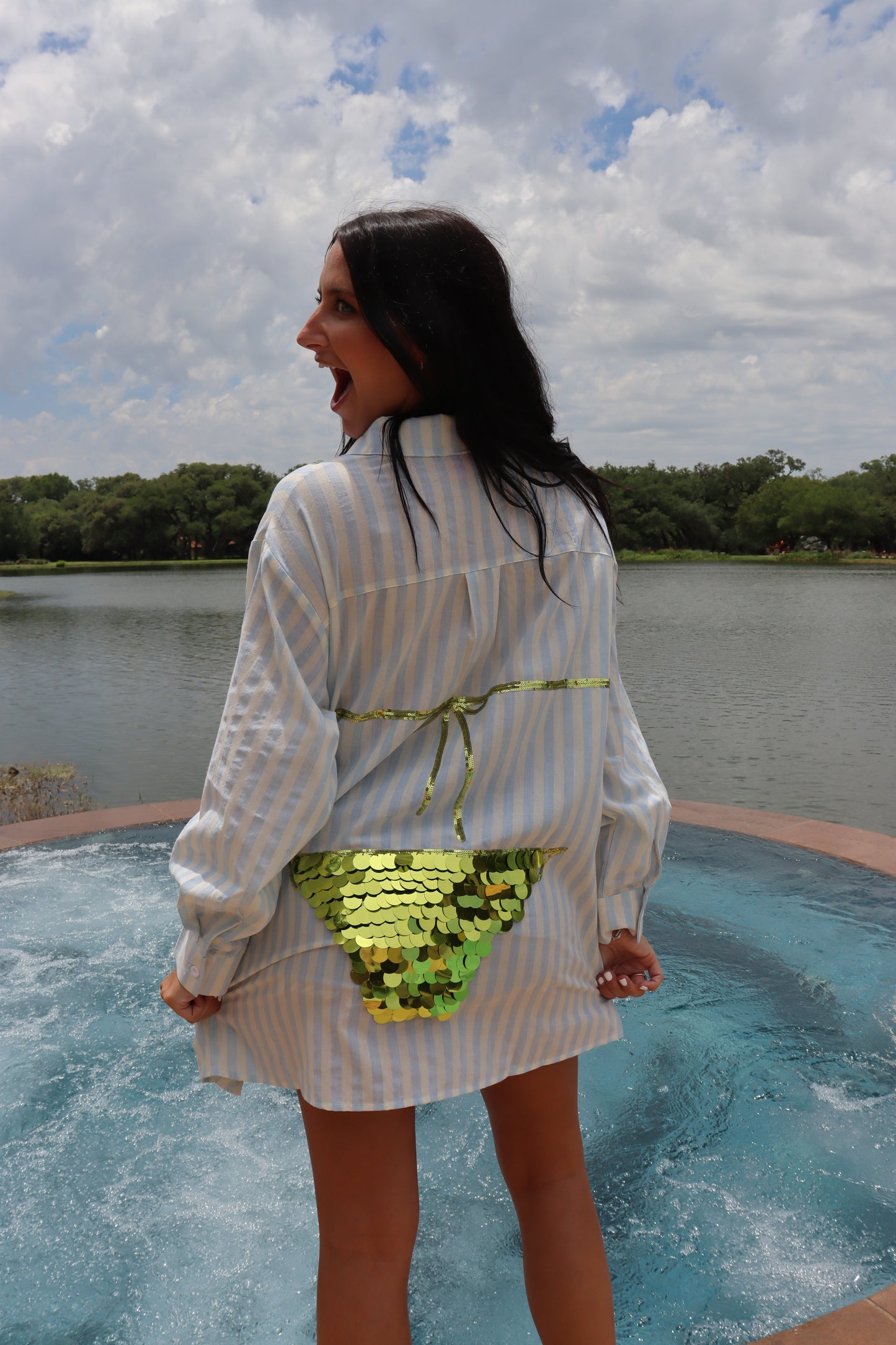 Queen of Sparkles Stripe Button Up Sequin Bikini Tunic