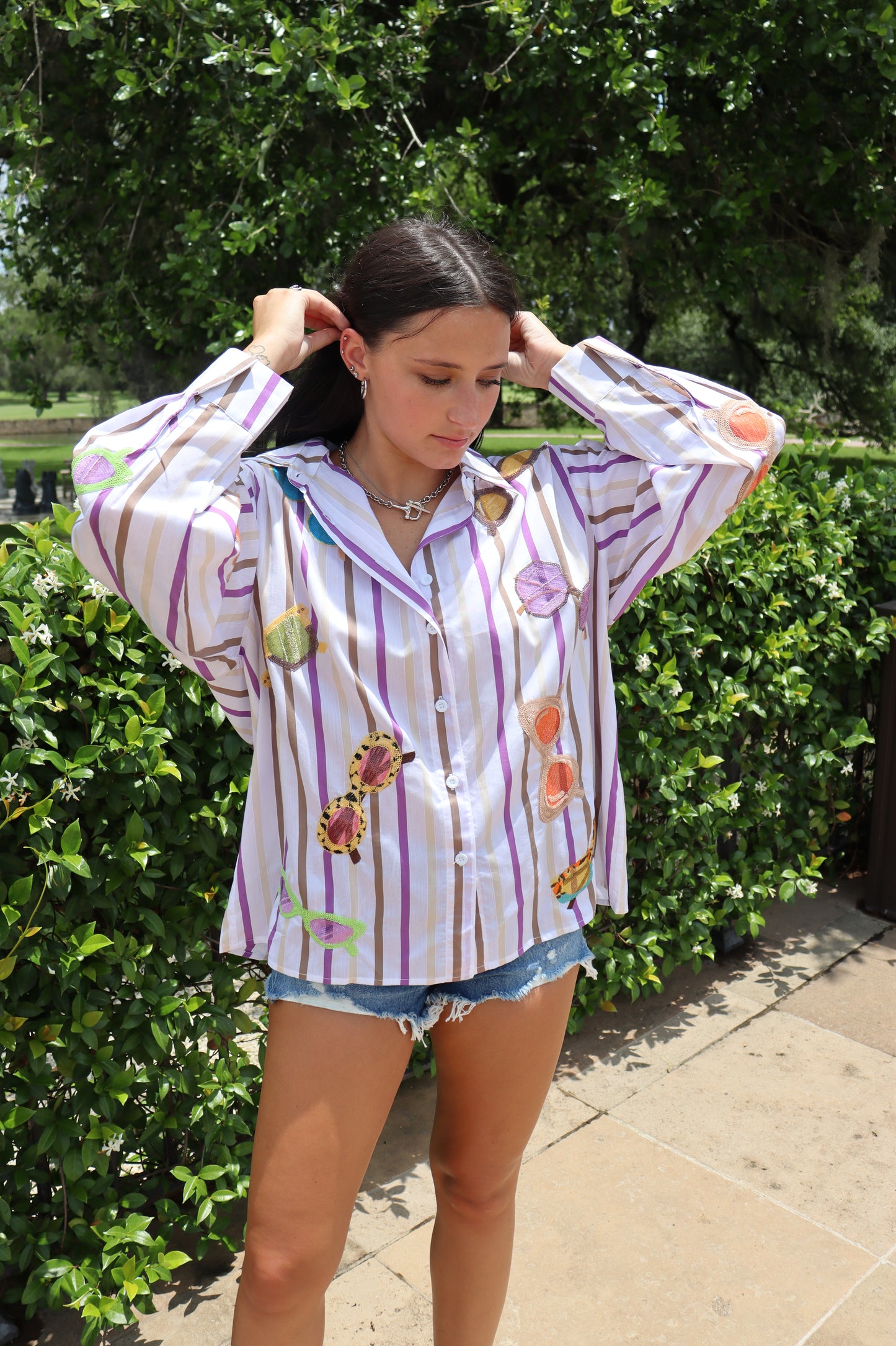 Queen of Sparkles Stripe Sunglasses Button Up Top