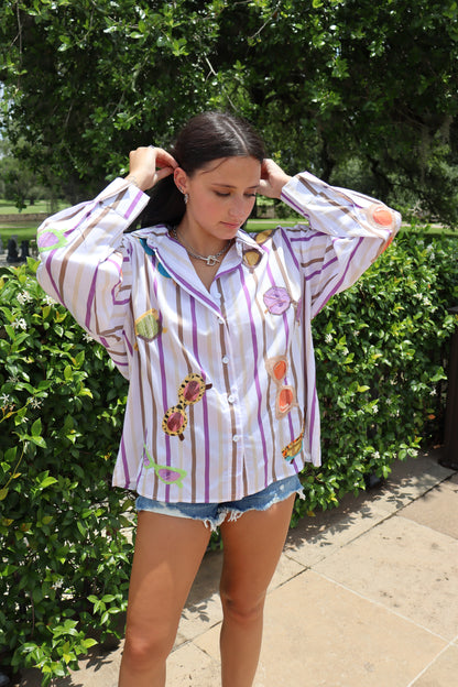 Queen of Sparkles Stripe Sunglasses Button Up Top