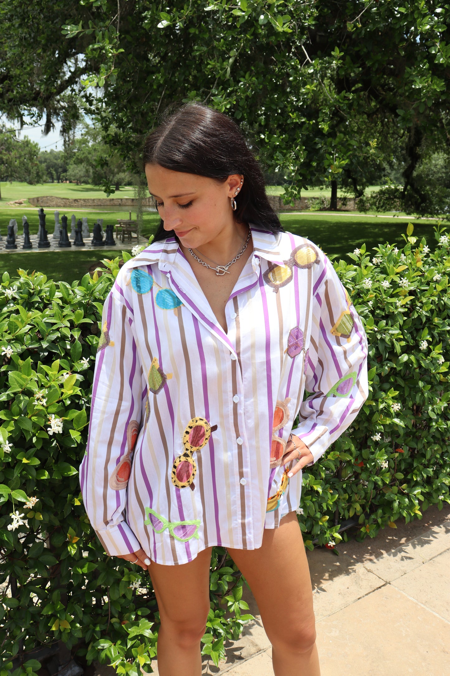 Queen of Sparkles Stripe Sunglasses Button Up Top