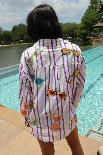 Queen of Sparkles Stripe Sunglasses Button Up Top