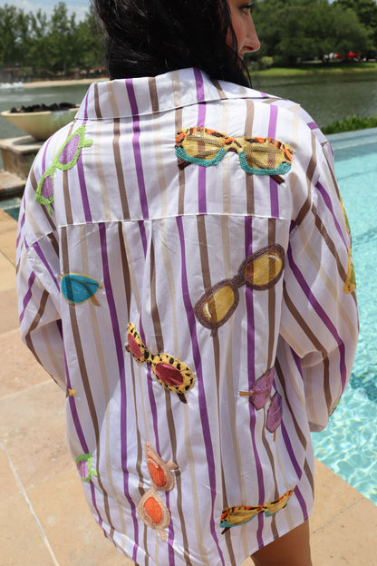 Queen of Sparkles Stripe Sunglasses Button Up Top