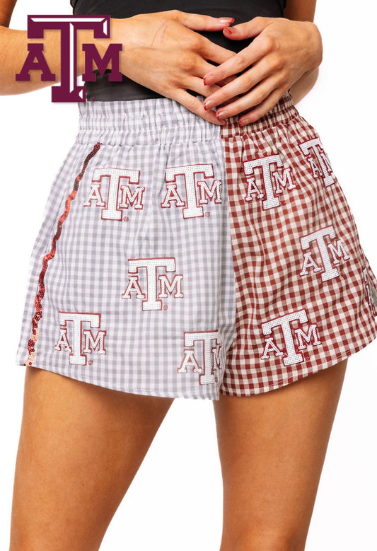 Queen of Sparkles Licensed Texas A&M Colorblock Gingham Mascot Shorts
