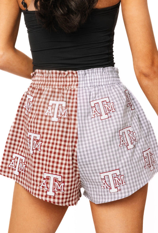Queen of Sparkles Licensed Texas A&M Colorblock Gingham Mascot Shorts