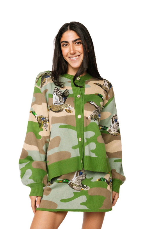 Queen of Sparkles Green Camo Ducks Flying Knit Cardigan