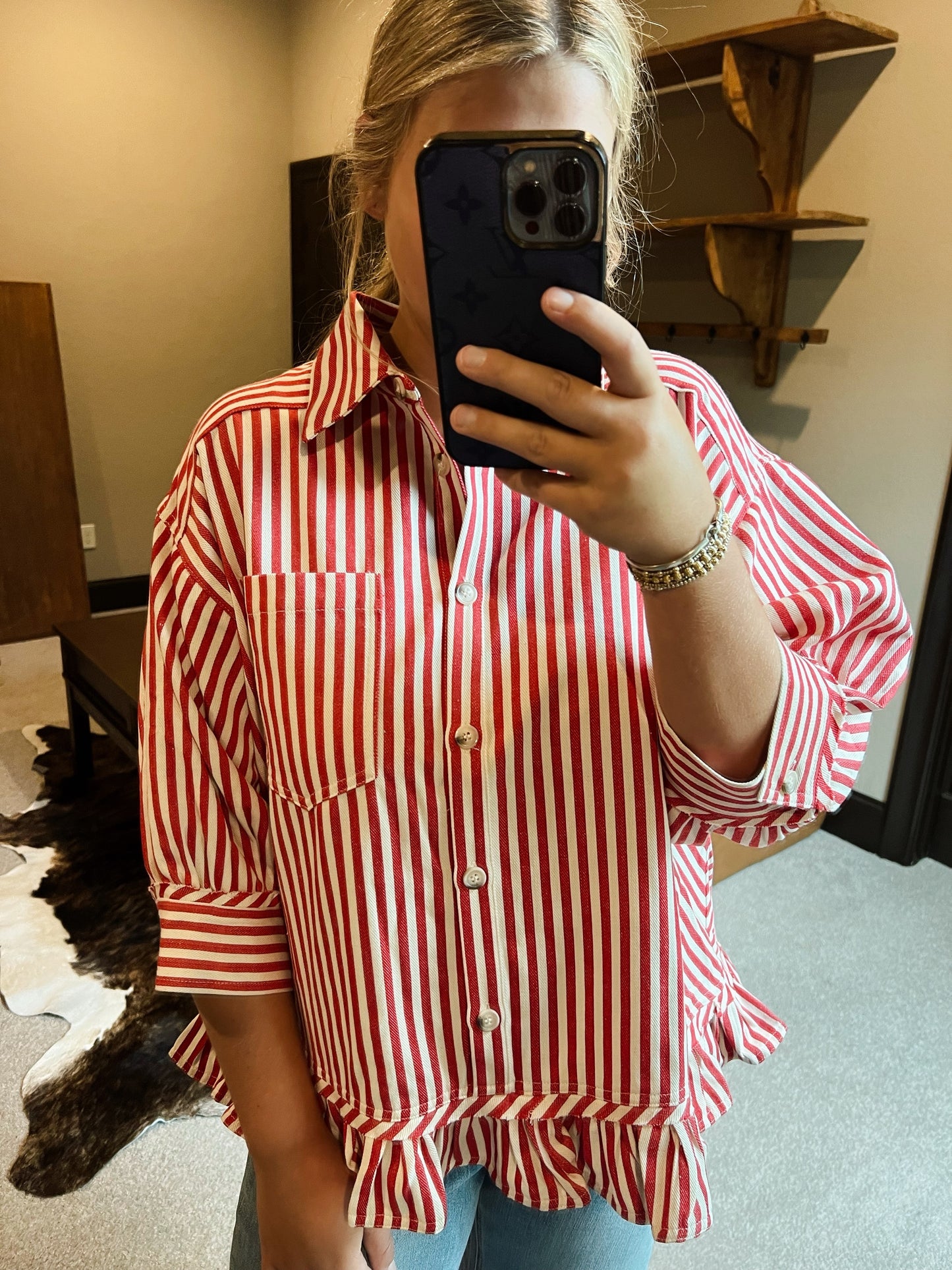 Red Stripe Ruffle Top