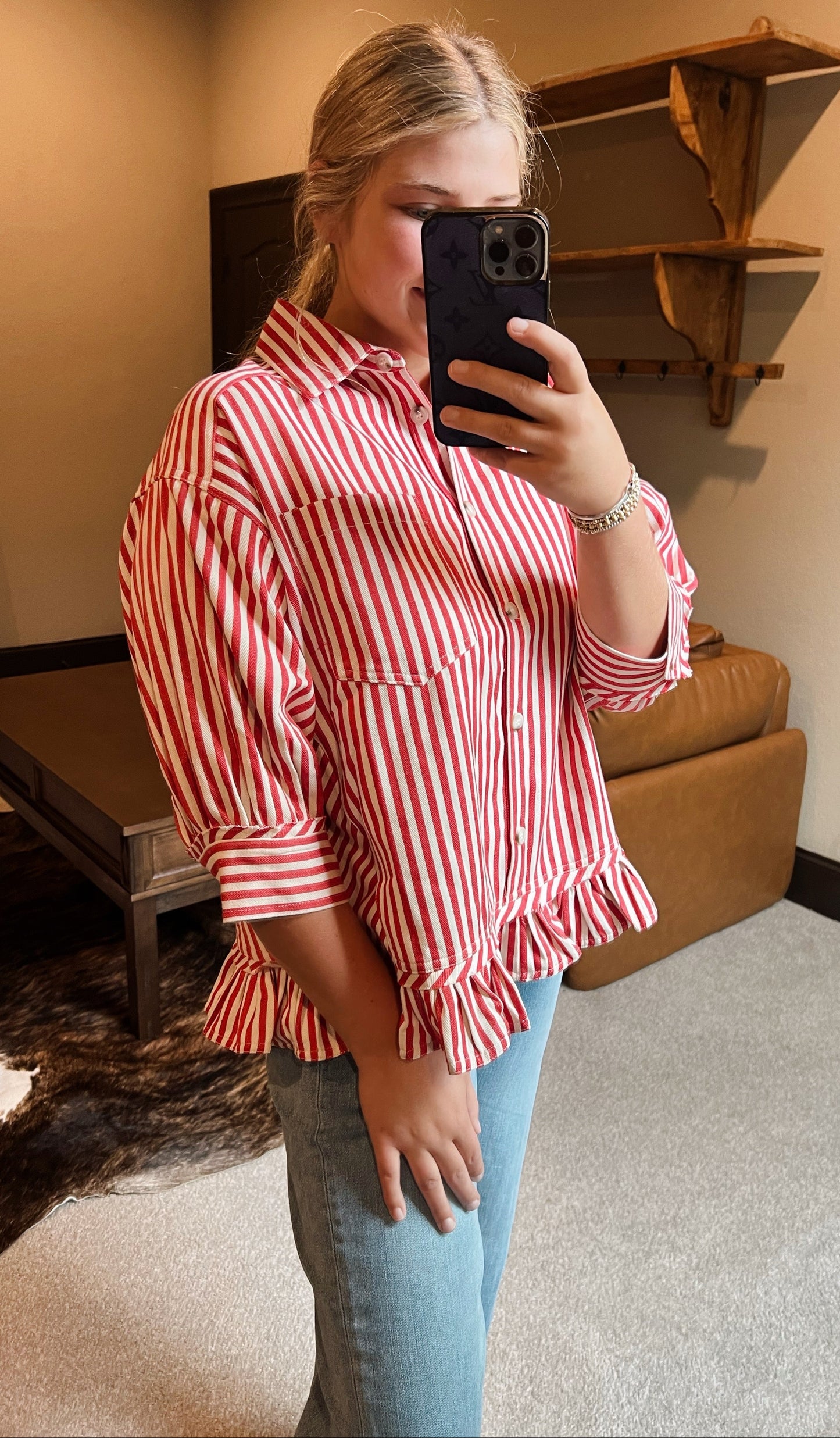 Red Stripe Ruffle Top