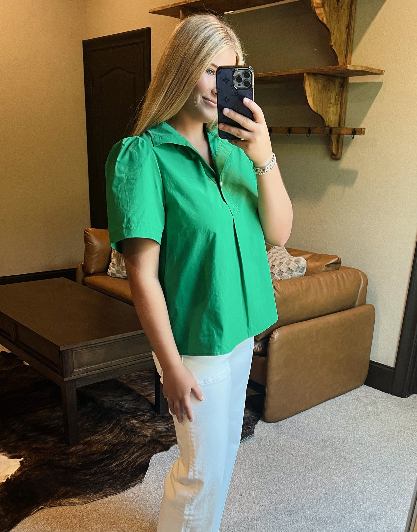 Green Pearl Button Top
