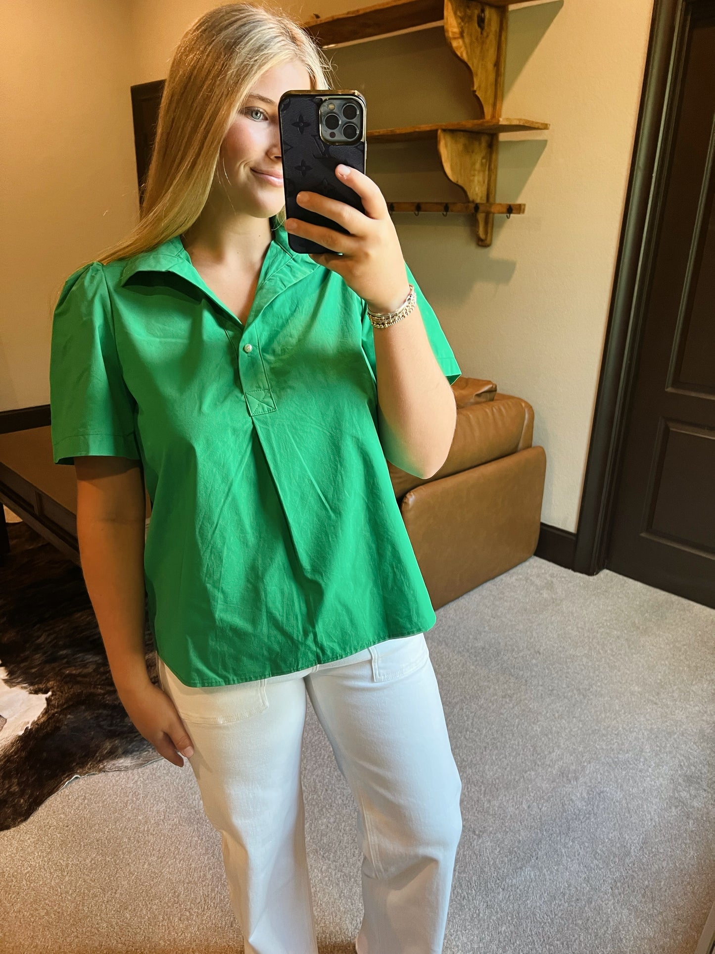 Green Pearl Button Top