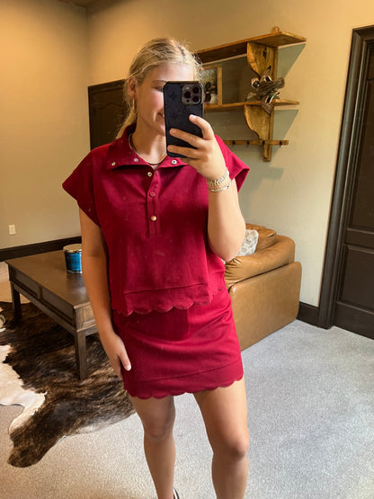 Burgundy Scalloped Skort Set