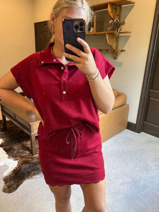 Burgundy Scalloped Skort Set