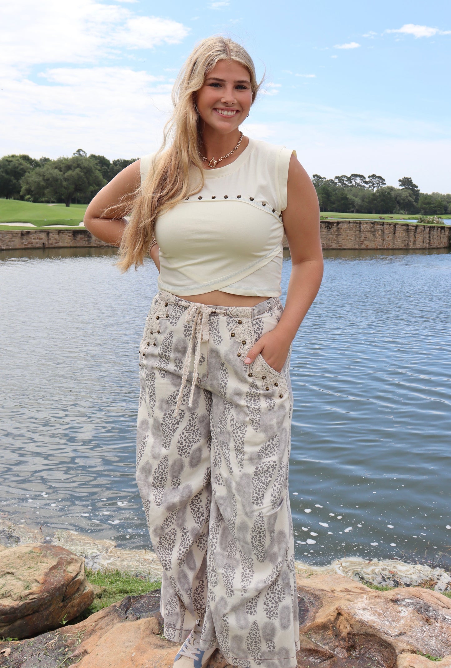 Cream & Red Studded Tanks