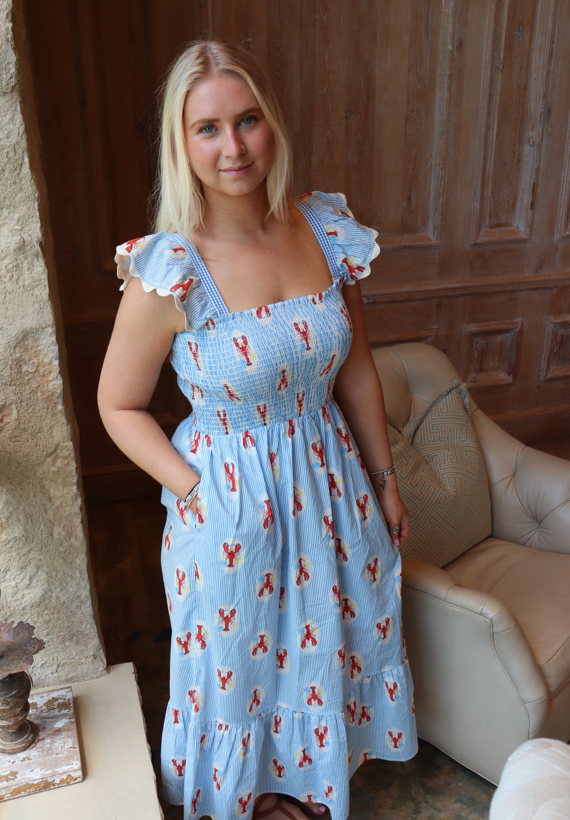 blue lobster dress Powder Blue Gingham Lobster Embroidered Dress Romper