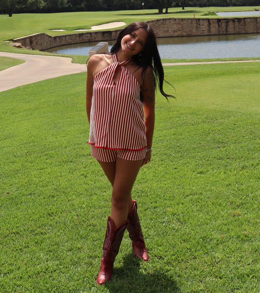Red Stripe Halter Neck Romper