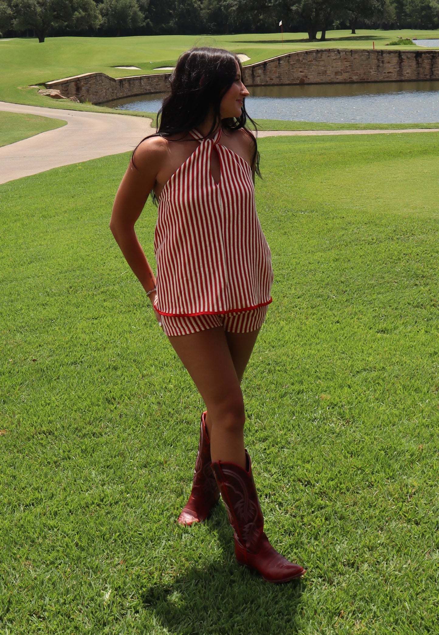 Red Stripe Halter Neck Romper