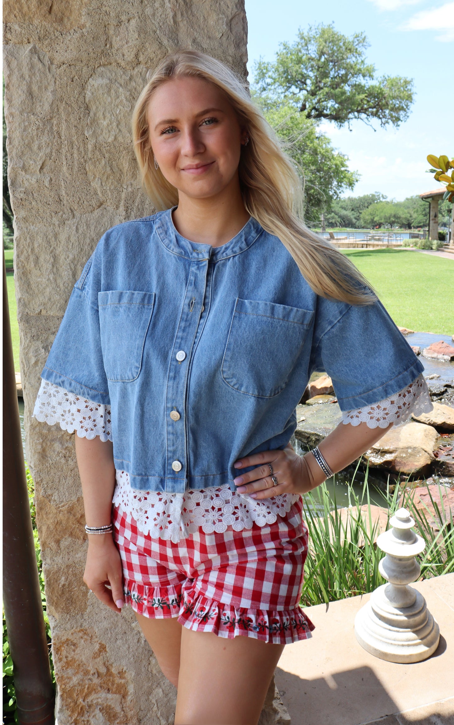 Denim Button Up with Lace Trim