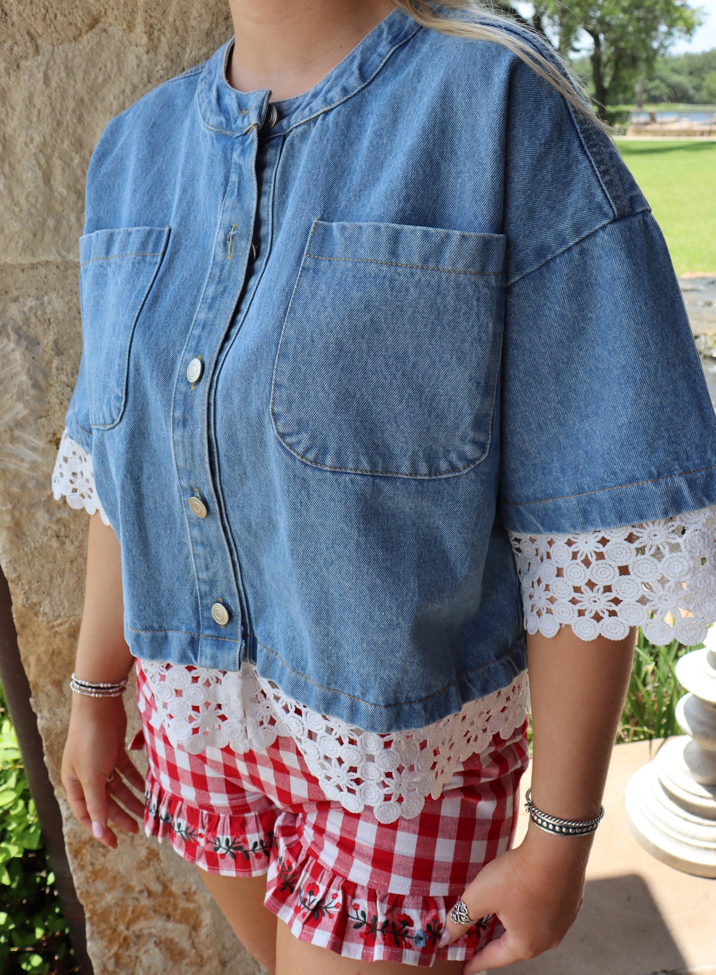 Denim Button Up with Lace Trim