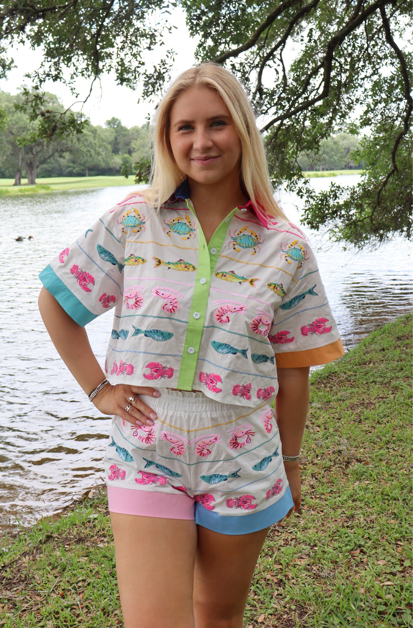 Queen Of Sparkles White Multi Trim Seafood Stripe Shorts