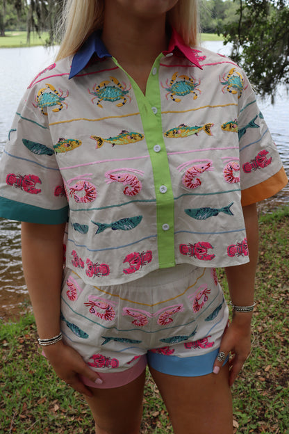 Queen Of Sparkles White Multi Trim Seafood Stripe Shorts