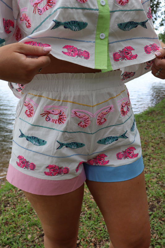Queen Of Sparkles White Multi Trim Seafood Stripe Shorts