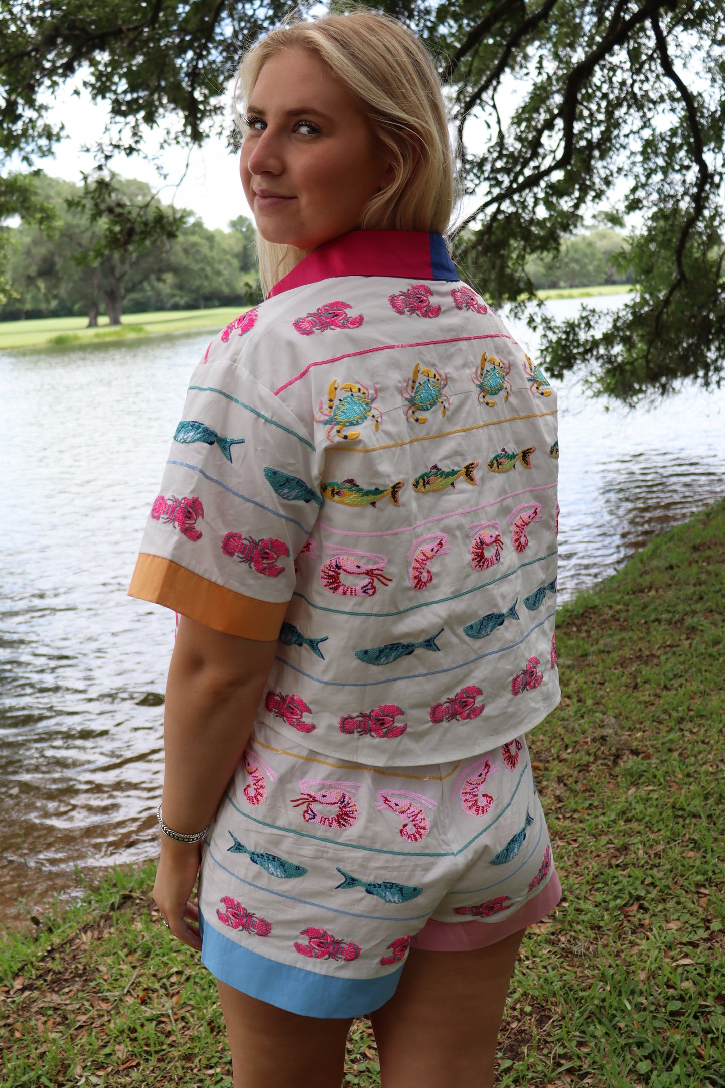 Queen Of Sparkles White Multi Trim Seafood Stripe Shorts